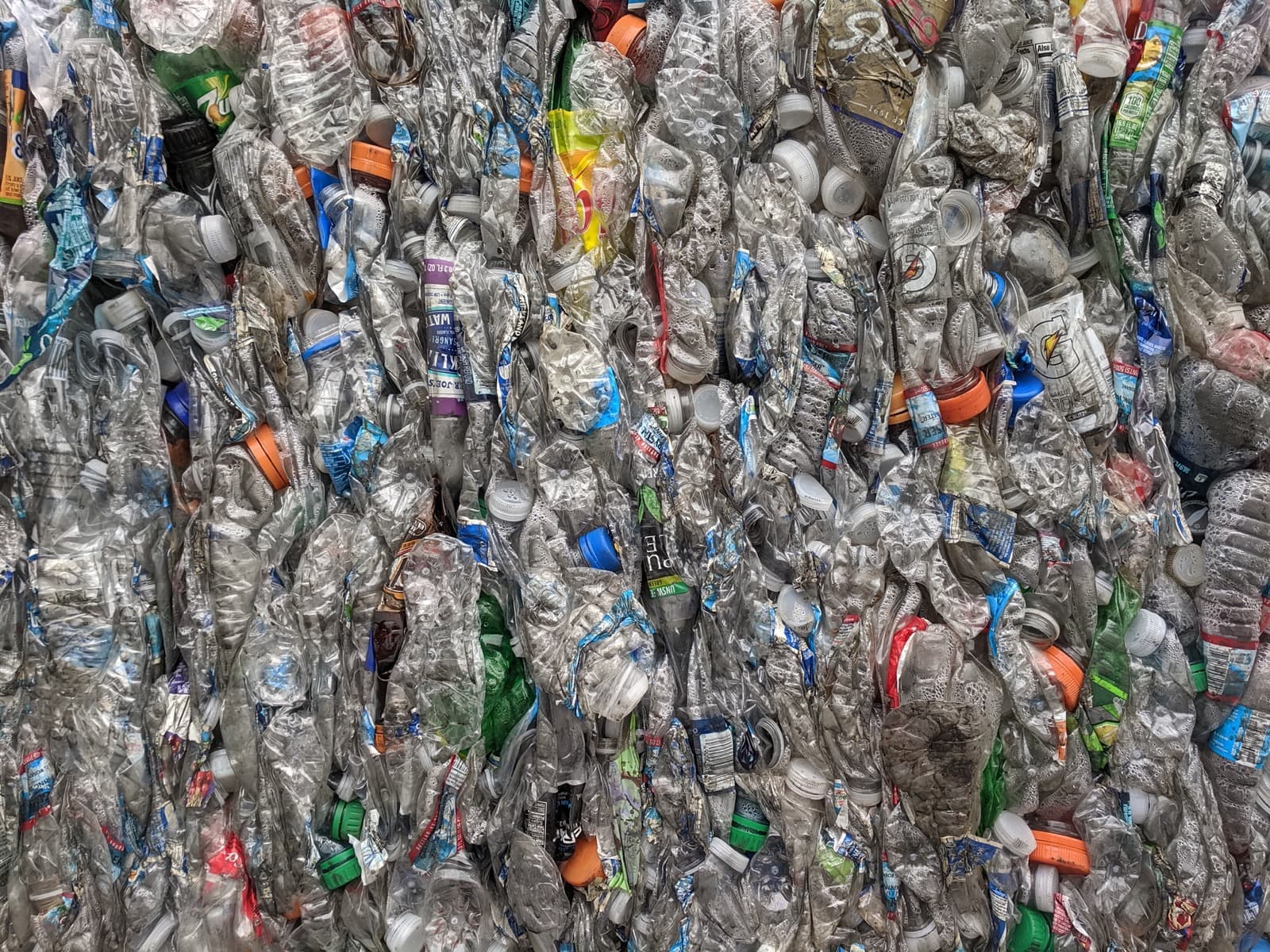 Baled PET plastic bottles ready for recycling